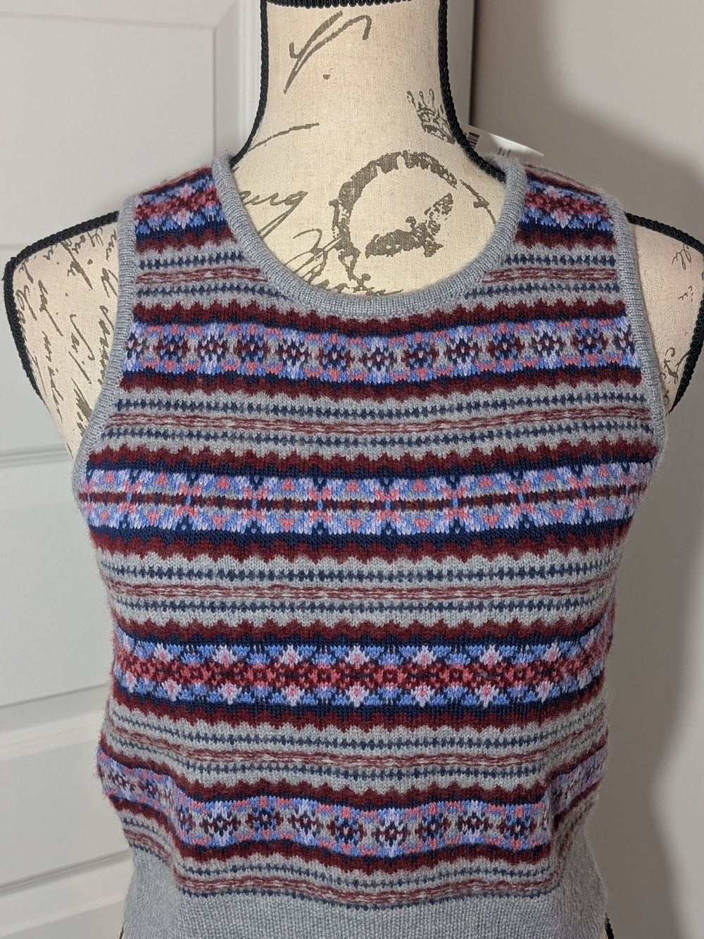 J. Crew Gray Fair Isle Sweater Vest  with Blue & Burgundy Accents Size XXS